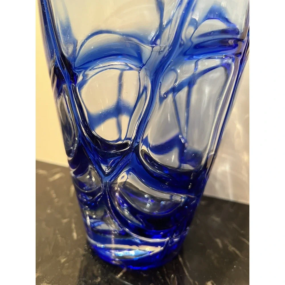 Mid Century Modern Art Glass Cobalt Blue Swirl Vase 9.75